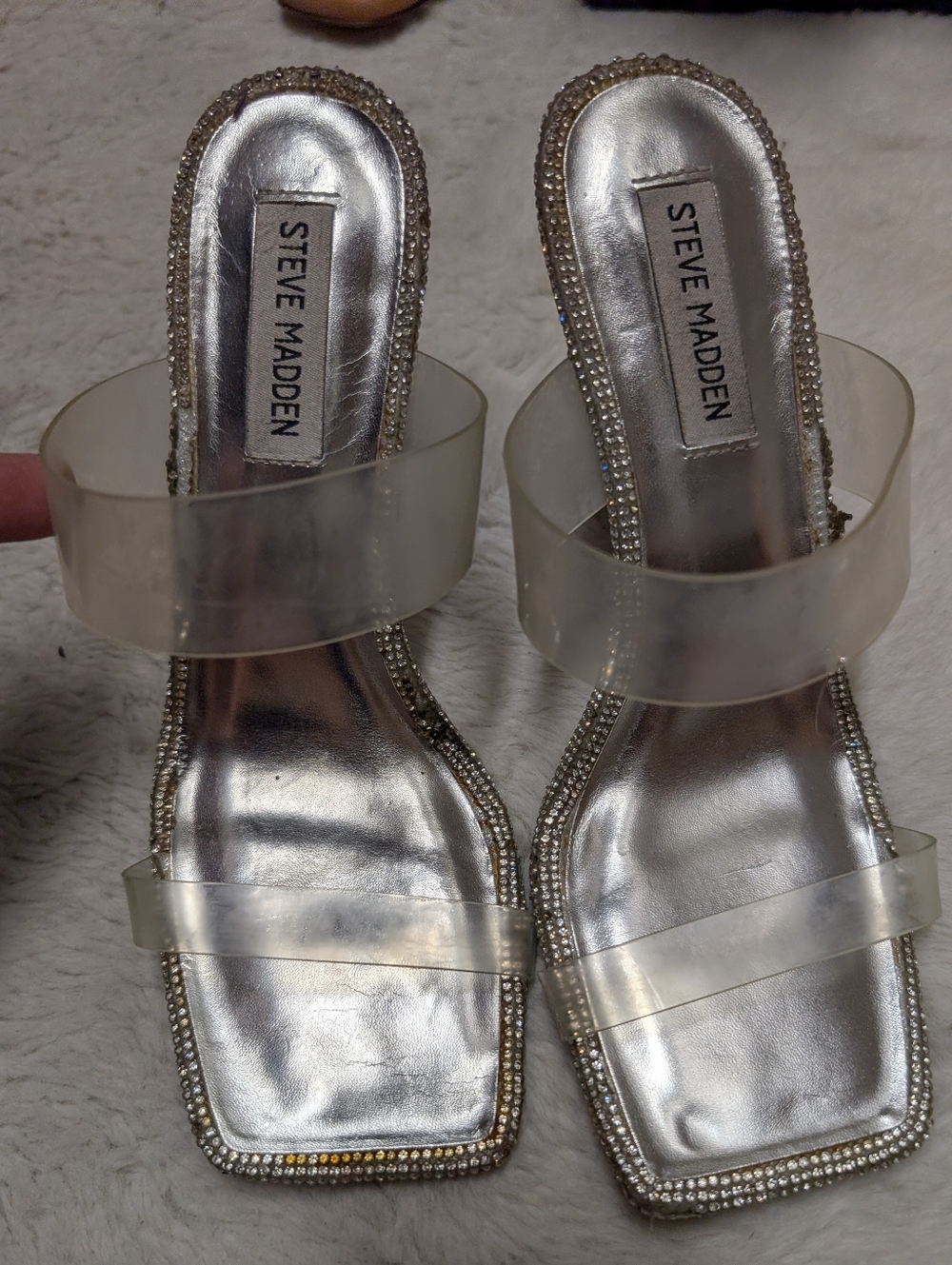 Steve Madden Silver Clear Strap Rhinestone Slide Mules
